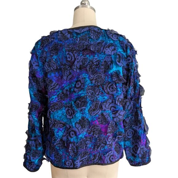 Vintage Chicos Silk Jacket Topper Blazer S Blue Black Art Eclectic Funky Floral - Picture 2 of 11